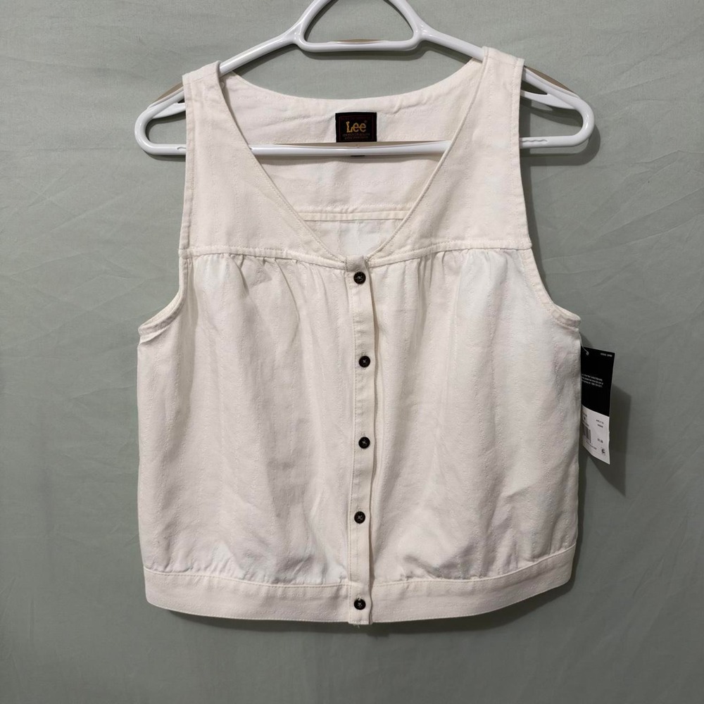 Lee Heritage Womens M White Stripe Sleeveless Button Front Top V-Neck Vest NWT